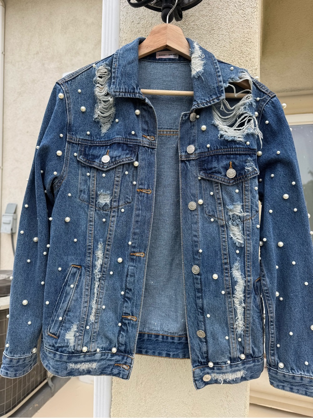 Pearl-Studded Distressed Dark Blue Denim Jacket - Women